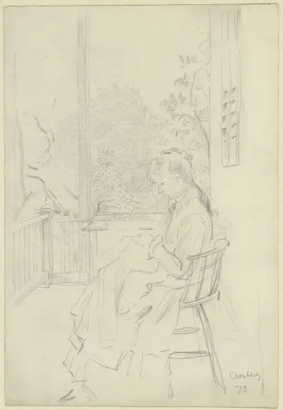 Dame auf einer Veranda, bei der Handarbeit av Otto Scholderer