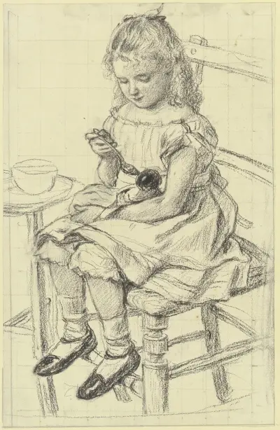 Ein Mädchen beim Füttern ihrer Puppe av Otto Scholderer