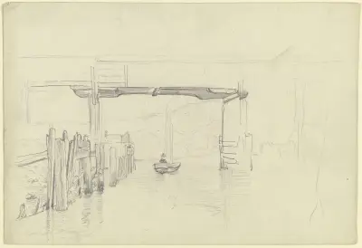 Fluss mit Brücke und Segelboot av Otto Scholderer