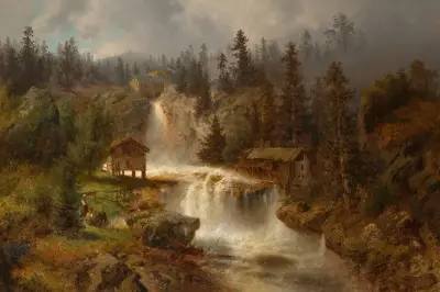 Figures Before a Mill in a Mountainous River Landscape (At the Mill Falls) av Hermann Ottomar Herzog