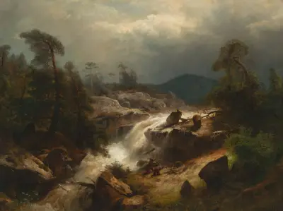 Two Cubs and Their Mother by a Waterfall av Hermann Ottomar Herzog