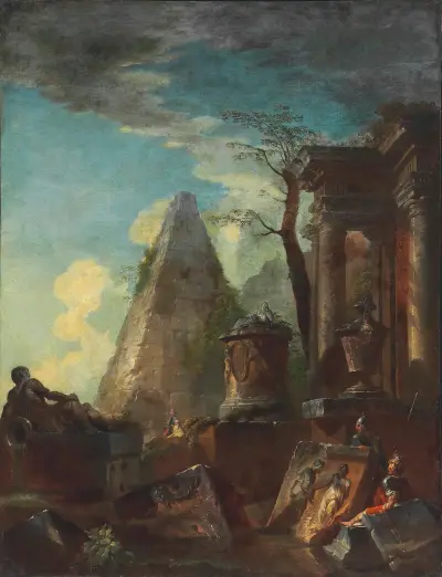 Capriccio mit klassischen Ruinen und der Cestius-Pyramide im Hintergrund von Giovanni Paolo Panini