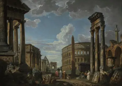 Architektonisches Capriccio mit Figuren zwischen römischen Ruinen von Giovanni Paolo Panini