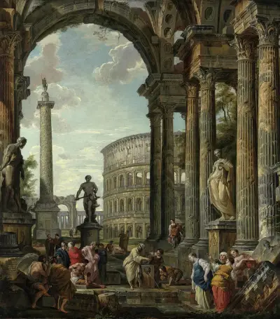 Ein architektonisches Capriccio mit dem Philosophen Diogenes und anderen Figuren von Giovanni Paolo Panini