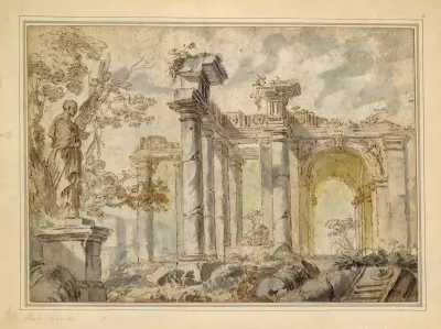 Ruinen, mit einer Statue auf der linken Seite von Giovanni Paolo Panini