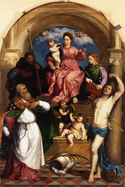 Madonna with Child Enthroned and Saints av Paris Bordone