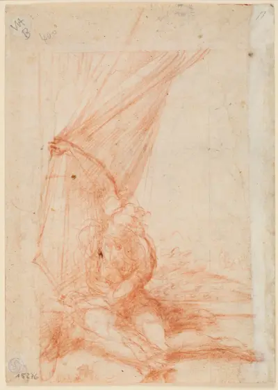 Sitzende Gestalt, die einen Vorhang beiseite schiebt von Parmigianino