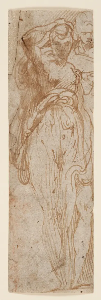 Stehende Frau von vorn, die Rechte zum Kopf führend, rechts hinter ihr eine zweite Figur von Parmigianino