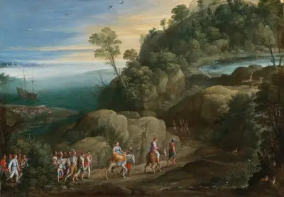 Rozlehlá krajina s výjevy z Historiae Aethiopica, Paul Bril