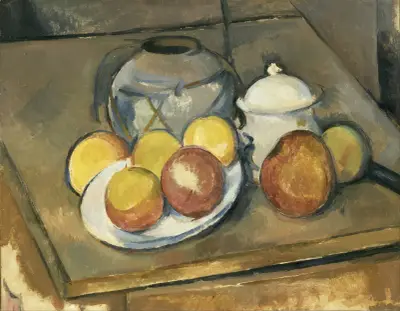 Straw-Trimmed Vase, Sugar Bowl and Apples av Paul Cézanne