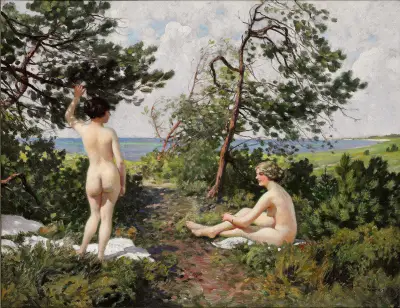 To badepiger i et krat ved kysten ved Hornbæk, Paul Fischer