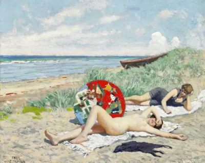 To piger og en japansk parasol på Hornbæk strand, Paul Fischer