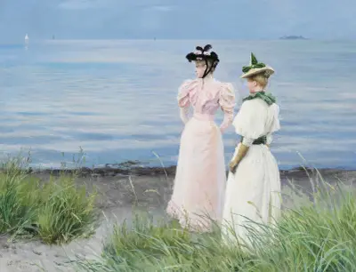 Ved stranden i Hellerup. Frk. Elisabeth Fischer og frk. Anna Pauline Bruun en sommerdag på stranden i Hellerup av Paul Fischer