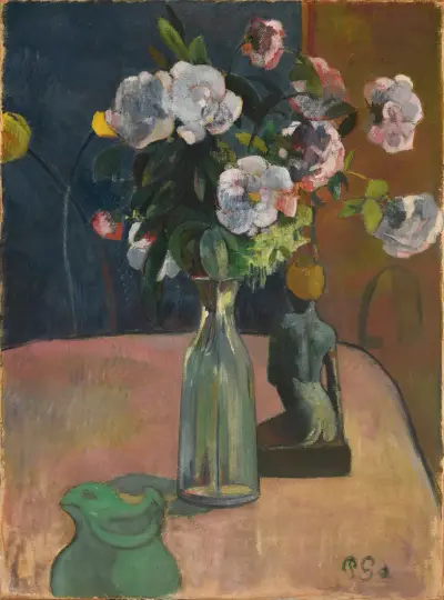 Roses et statuette av Paul Gauguin