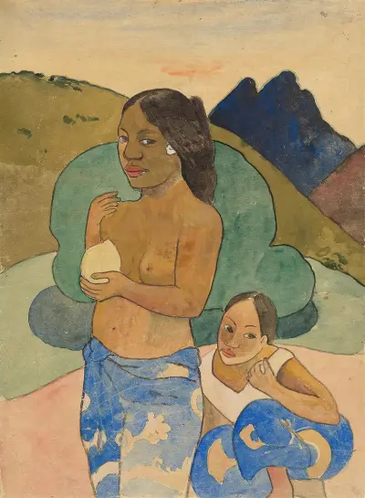 Two Tahitian Women in a Landscape av Paul Gauguin