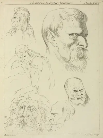 Five studies of men’s heads displaying various hair styles, beards and mustaches; one seated figure, half-length av Peter Paul Rubens