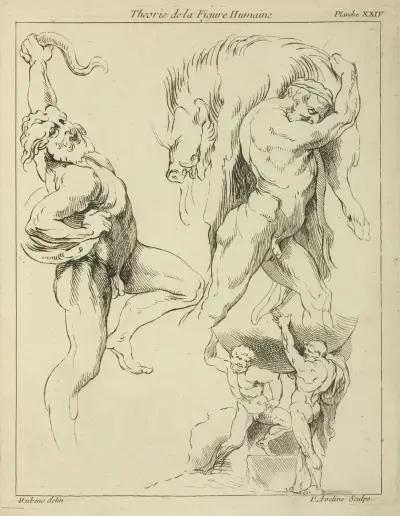 Four studies of figures; one wrestling with a snake, one lifting a dead boar, and two ‘Atlas’ figures lifting a globe av Peter Paul Rubens