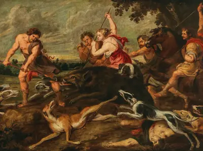 Meleager i Atalanta polujący na kalydońskiego dzika, Follower of Peter Paul Rubens
