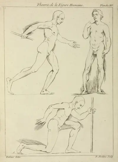Three male figures, one striding and one kneeling av Peter Paul Rubens