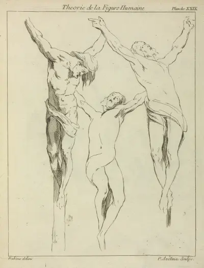 Three studies of crucified figures av Peter Paul Rubens