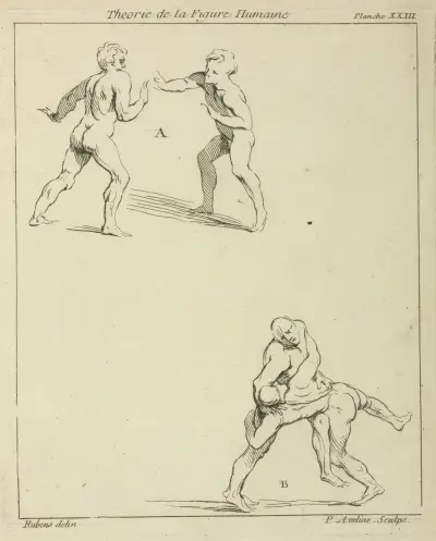 Two pairs of figures; one pair extending right arms toward each other, the other pair wrestling av Peter Paul Rubens