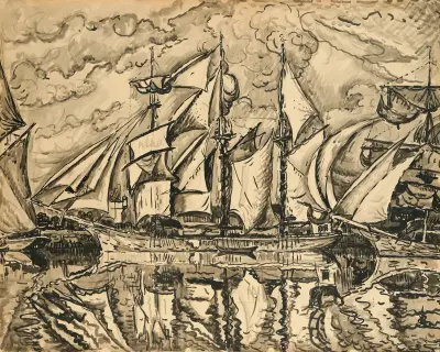 Trois-mâts terre-neuvas. Voiles au sec. Saint-Malo av Paul Signac