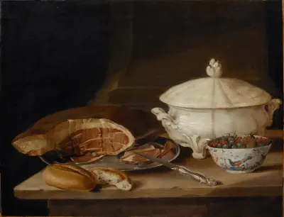 Still Life with Ham on a Pewter Dish, a Faience Set and a Bowl of Gooseberries and Red Currants von Pehr Hilleström