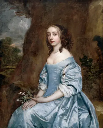 Portrait of a Lady in Blue holding a Flower av Sir Peter Lely