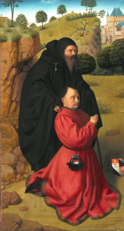 Altar Panel with a Portrait of a Donor in Scarlet under the Protection of St Anthony av Petrus Christus