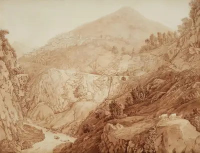 Blick auf Capistrello und den ’emissario di Claudio’ av Jacob Philipp Hackert