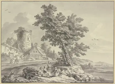 Flusslandschaft, links ein Bauernhaus an dem Turm einer Stadtmauer, in der Bildmitte rasten vier Personen an einem Baum av Jacob Philipp Hackert