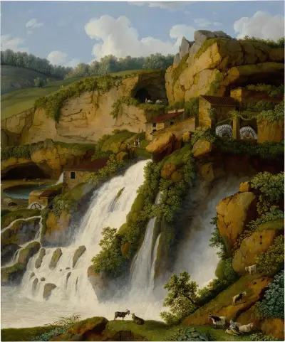 View of the Waterfall at Anitrella with Goats grazing nearby av Jacob Philipp Hackert