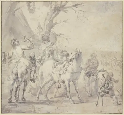 Reiter erquicken sich vor einer Wirtschaft, rechts ein Bettler mit Stelzfuß von Philips Wouwerman