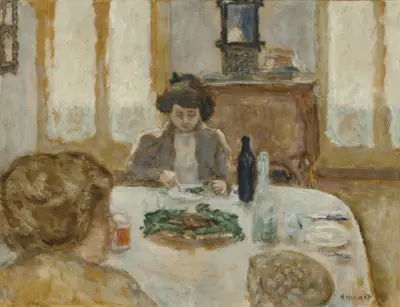 Le Déjeuner. Symphonie en gris ou Le Déjeuner gris (Mme Bonnard et Mlle Jeanne Meillier) av Pierre Bonnard