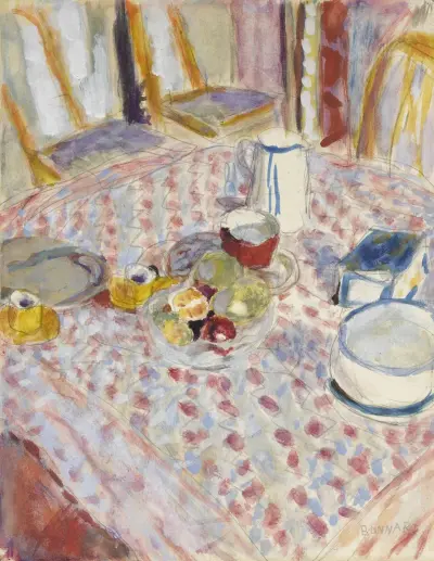 Nature morte sur une nappe à carreaux rouges av Pierre Bonnard