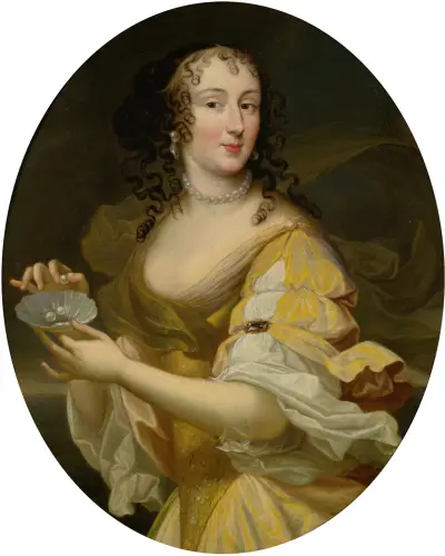 Portrait Of A Lady In Allegorical Guise, Holding A Dish Of Pearls von Pierre Mignard