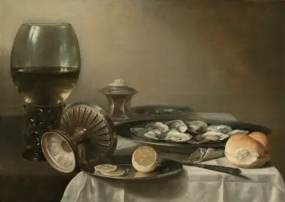 Ein großes Römerglas, eine umgestürzte Tazza, ein Salzgefäß, eine teilweise aufgeschnittene Zitrone, Austern, Pfeffer, ein Messer und Brot auf einem teilweise drapierten Tisch von Pieter Claesz