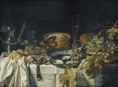 Stillleben mit Fleischpastete, Weintraubenkorb, Zinnkrug und Taschenuhr von Pieter Claesz