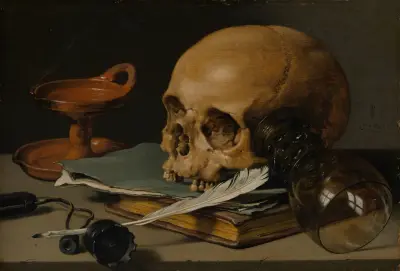 Stillleben mit Totenkopf und Schreibfeder von Pieter Claesz