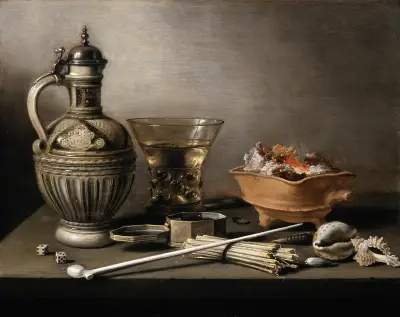Stillleben mit Steinzeugkanne, Berkemeyer und Rauchutensilien von Pieter Claesz