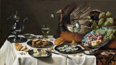 Stillleben mit Truthahnpastete von Pieter Claesz