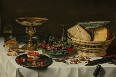 Erdbeeren, Johannisbeeren und Brot auf einer Zinnplatte von Pieter Claesz