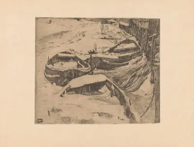 Drei schneebedeckte Ruderboote an einem Ufer von Pieter Dupont