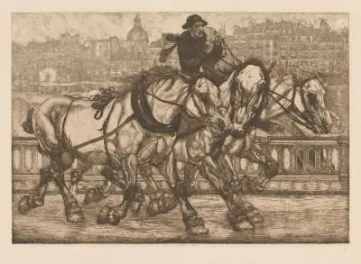 Drei Pferde auf dem Pont de Sully in Paris von Pieter Dupont