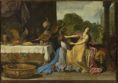 Haman begging the mercy of Esther (Esther 7-6-7), Pieter Lastman