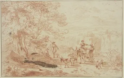 Am Saum eines Waldes lagern Jäger, dabei ein Hirte und eine Hirtin auf einem Esel mit zwei Schafen und einer Ziege av Nicolaes Pietersz. Berchem