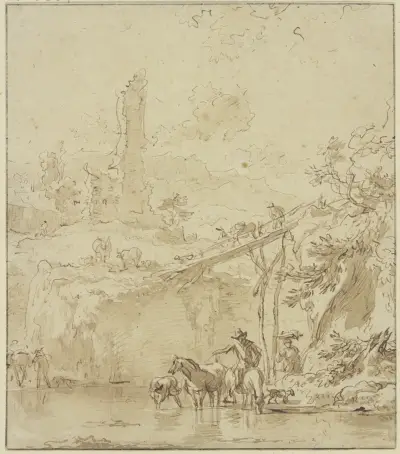 Burgruine, rechts ein hoher Steg, ein Bauer tränkt seine Pferde av Nicolaes Pietersz. Berchem