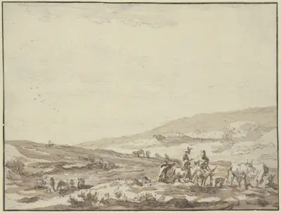 Hügelige Gegend, rechts Hirte und Hirtin auf Eseln reitend mit Vieh av Nicolaes Pietersz. Berchem