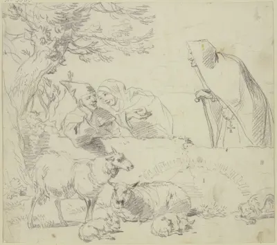 Zwei Nonnen bei einem Hirten, dabei zwei alte und zwei junge Schafe und ein Hund av Nicolaes Pietersz. Berchem