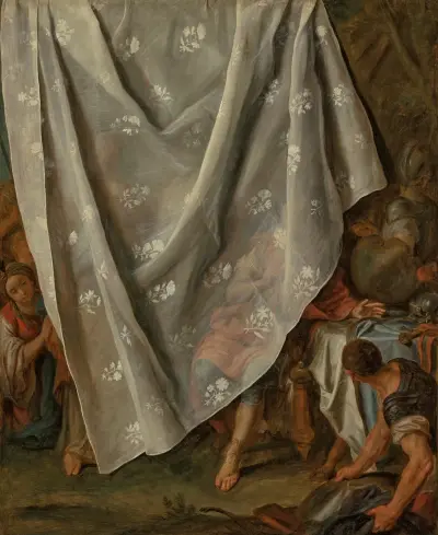 The Meeting of Alexander the Great and Roxana, behind a trompe l’oeil curtain av Pietro Rotari